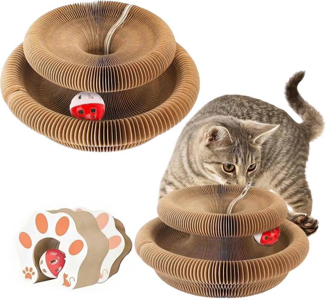 2-Pack Kitty Kurls Cat Scratcher  Foldable Magic Organ Cat Scratcher Board, Reversible Corrugated Cardboard Kitty Scratching Toy with 2 Bell Balls for Indoor Exercise