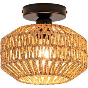 Mini Rattan Boho Ceiling Light Fixture, Small Woven Semi Flush Mount Ceiling Light, Wicker Light Fixture Hallway,Laundry Room, Closet,Nursery E26 1 Light (9.05, Natural)