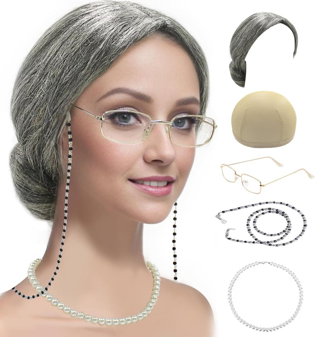 Old Lady Costume Set Grandma Wig Cap Madea Granny Glasses Eyeglass Chains Cords Faux Pearl Bead Necklace Cosplay Set 5 Pieces (Base Size, Grey Bun)