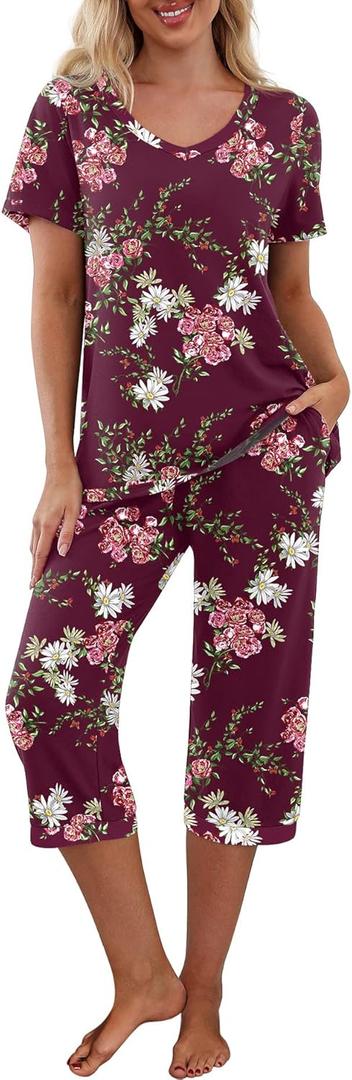PrinStory Women's Pajama Set Short Sleeve Shirt and Capri Pants Sleepwear Pjs Sets with Pockets (Medium, Fp-wine Red)