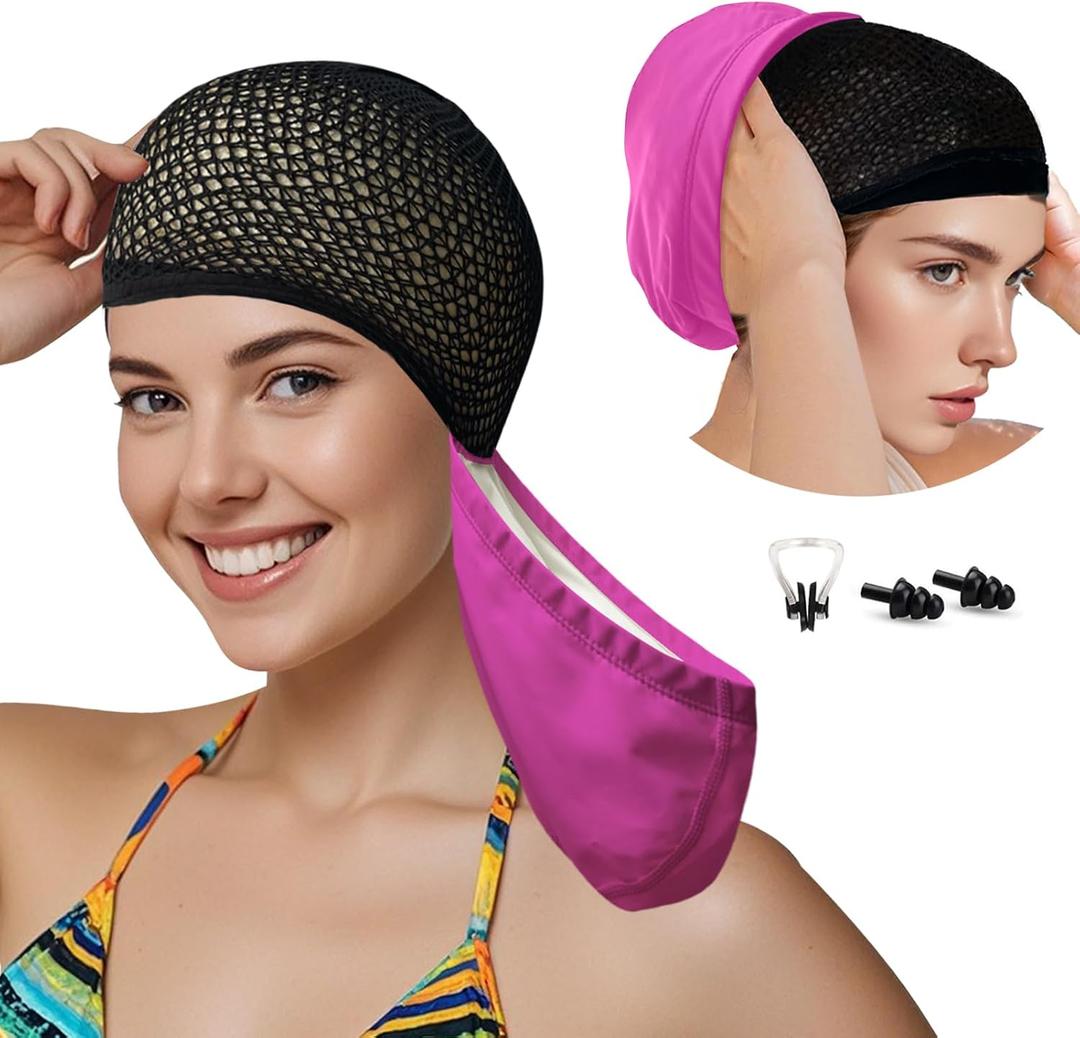 Womens Swim Cap for Long Hair PU Fabric Hairnet Swimming Caps for Women Men Adults Youths with Ear Plug and Nose Clip, Swim Hats Pool Caps to Protect Hair no Pulling