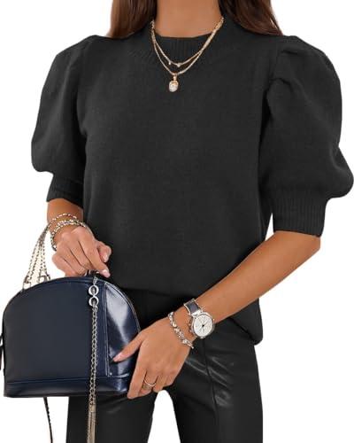 WIFFGO Womens Puff Short Sleeve Sweaters Tops Crew Neck Trendy Casual Knit Comfy Loose Fall Sweater Jumper Outfits Black M