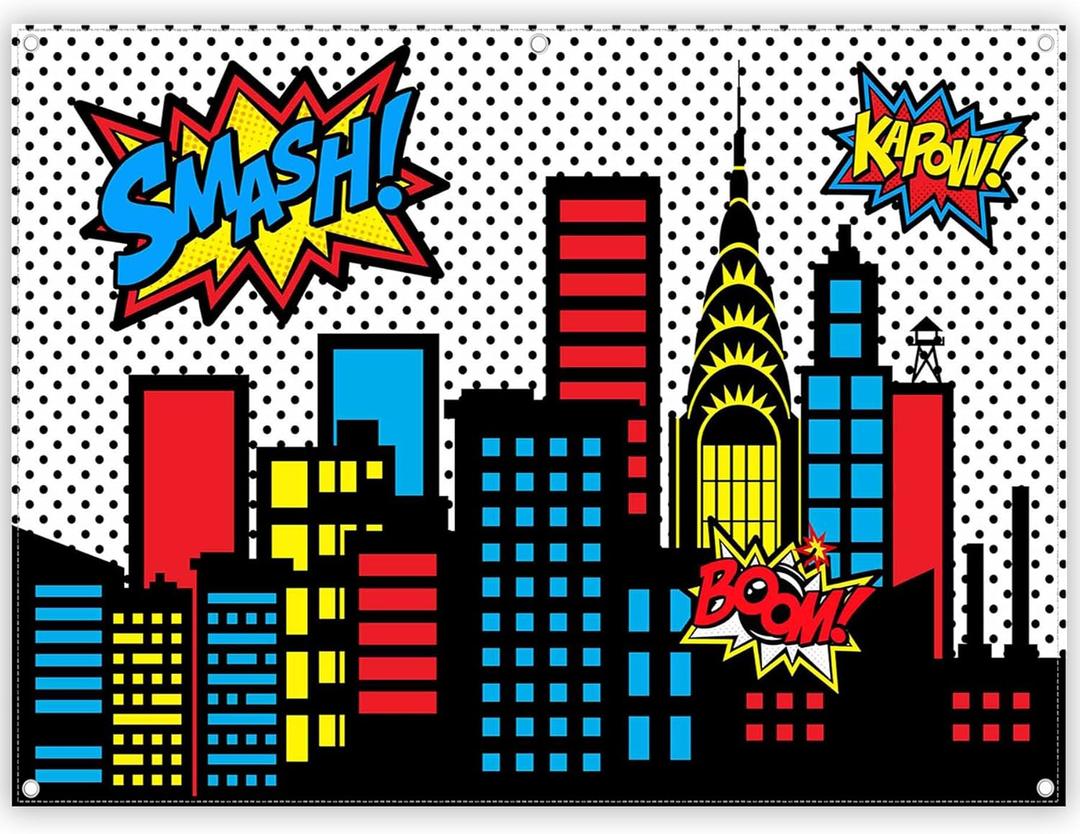 8x6ft Superhero Cityscape Photography Backdrop Skyline Buildings City Boom Background Kids Birthday Banner Party Baby Shower Decorations Photo Props