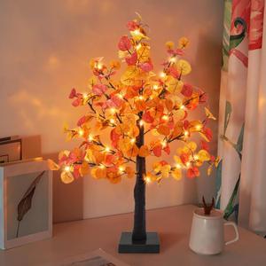 Agusbagli 24 Inch Artificial Eucalyptus Tree Decor, 55 LED Battery Operated Fall Light Up Tabletop Tree with Timer for Indoor Home Wedding Harvest Autumn Thanksgiving Decorations