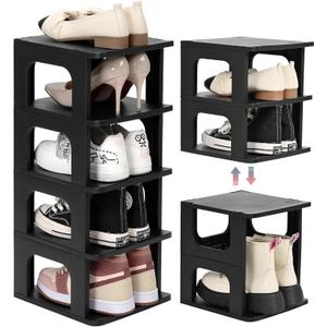 TRZZ 5-Tier Small Shoe Rack, Vertical Narrow Stackable Organizer with Removable Partition, Efficient Shoe Storage for Closet, Entryway, and Small Spaces (Black)