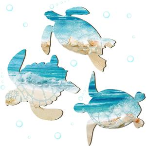 3 Pcs Summer Coastal Wall Decor Beach Wall Art Blue Sea Turtle Surfboard Seahorse Starfish Seashell Conches Crabs Sea Life Decor for Bathroom Bedroom Home (Fresh Turtle Style)