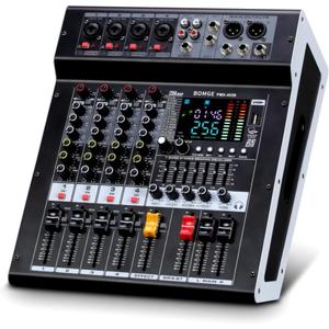 BOMGE 4-Channel Audio Interface Mixer with 256 DSP, Bluetooth 48V Phantom Power, 2x350W Amplifier (4 Ohm) for Studio Recording, DJ Mixing, Karaoke, Concert Party & Streaming