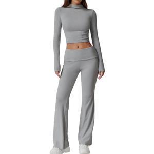 QINSEN Womens 2 Piece Lounge Sets Mock Neck Long Sleeve Tops with Side Ruched Fold Over Flare Pants Comfy Tracksuits (Medium, Grey)