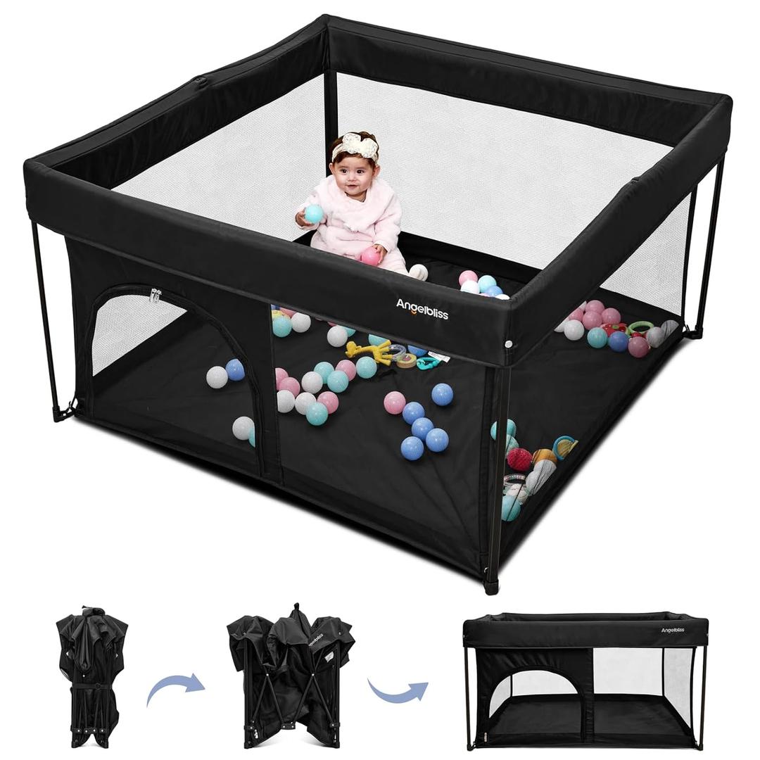 ANGELBLISS 50x50 Foldable Baby Playpen with Carrying Bag & Safety Lock - ASTM F406 Certified Baby Fence for Indoor/Outdoor, Lightweight Portable Play Yard with Breathable Mesh (Black)