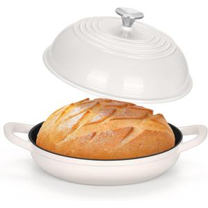 TeamFar Cast Iron Bread Dutch Oven, 6 Qt Enameled Dutch Oven Pot for Sourdough Bread Baking, with Tall Dome Lid & Round Base Pan, Self-Basting & Even-Heating, Heavy-Duty & Non-stick, White