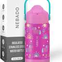 Kids Stainless Steel Insulated Water Bottle with Straw 12oz - Leak Proof Toddler Insulated Cup for School, BPA Free with Handle & Non-Slip Silicone Base, Dishwasher Safe, Whimsical Pink