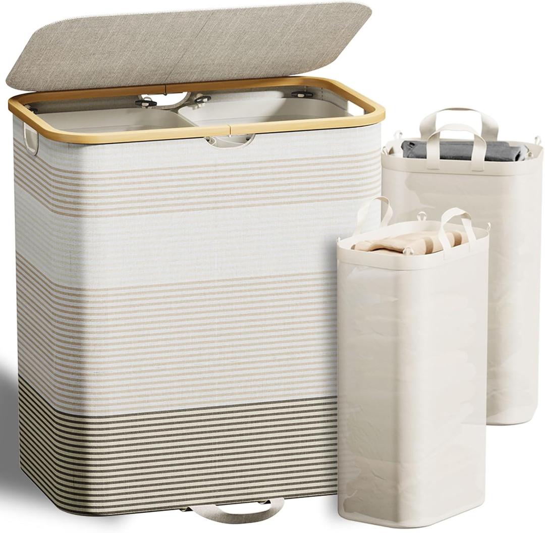 XLHOMO Double Laundry Hamper with Lid and Removable Bags, 150L Large Collapsible 2 Dividers Dirty Clothes Basket with Handles, Beige Double Laundry Basket Organizer for Bedroom,Laundry Room,College