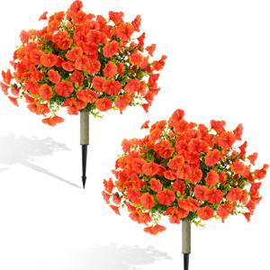 Yunlly 24" Fall Artificial Mum Topiary Balls with Flowers Set of 2 Fall Topiary with Morning Glory for Outdoor Autumn Front Porch Decor, UV Resistant Faux Bush Shrub for Garden Indoor Decor(Orange)