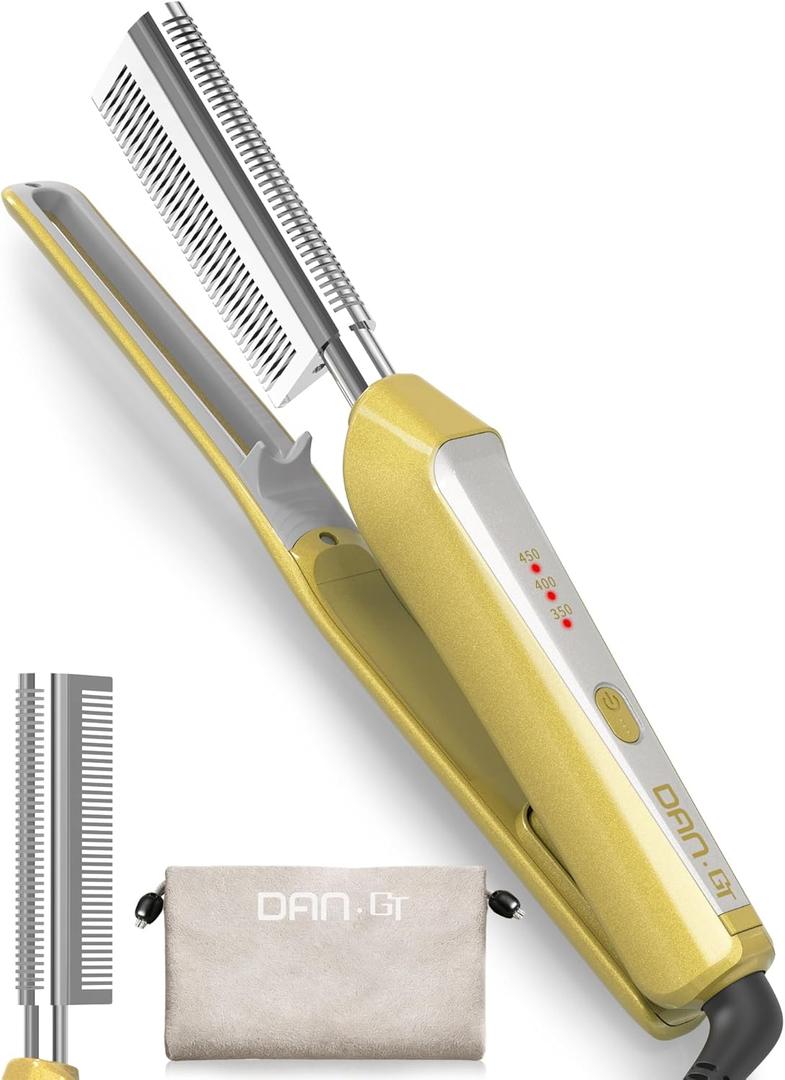 V-Shaped Titanium Hot Comb for Wigs & Natural Black Hair, Dual Voltage 100240V Pressing Comb with 3 Heat Settings (356428F), PTC Fast Heat, Auto-Off, Storage Pouch 2.0