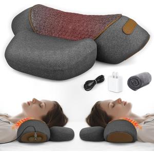3-in-1 Neck Massager Pillow with Heat & Traction, Deep Tissue Cervical Traction Device for Neck Hump Corrector, Shoulder & Upper Back Pain Relief, Relaxing TheraPillow Support
