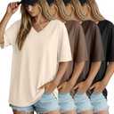 Locoowai 4 Pack Women's Oversized Short Sleeve T Shirts Cotton V Neck Tops Casual Basic Summer Loose Tees Workout Gym Shirts(Black, Dark Brown, Coffee, Cream,XX-Large)