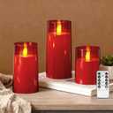 Raycare Flameless Electronic Pillar Candles with Remote Control and Timer Battery Operated Realistic Flickering LED Fake Candle for Home, Wedding, Valentine's Day Decor, Red, Set of 3(3"x4"5" 6")