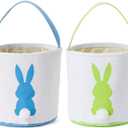 Easter Bunny Basket Easter Bucket Egg Hunt Basket for Kids, Canvas Rabbit Print Basket w. Fluffy Tail, Candy Egg Toy Easter Basket Tote w. Handle (Blue New+Green New)