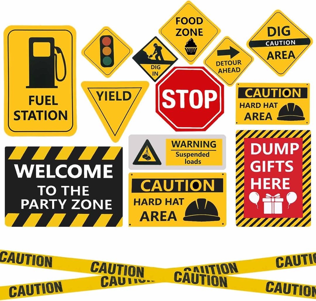 13 pcs construction Birthday Party supplies, construction party decorations for boys kid birthday party Baby Shower11.8 inch construction theme party wall decor signs with Yellow Caution Tape
