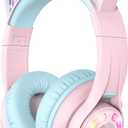iClever Cat Ear Kids Bluetooth Headphones, LED Lights Up, 74/85dBA Safe Volume Limited, 50H Playtime,Bluetooth 5.2, USB C, Kids Headphones Wireless for Travel iPad Tablet, Meow Macaron Pink