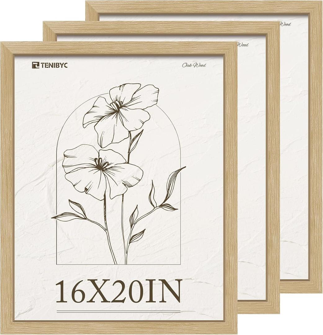 16x20 Frame 3 Pack, Natural Oak Wood Picture Frame with HD Tempered Glass, Display 16x20 or 20x16 photos, posters and Art Prints, Wall Hanging