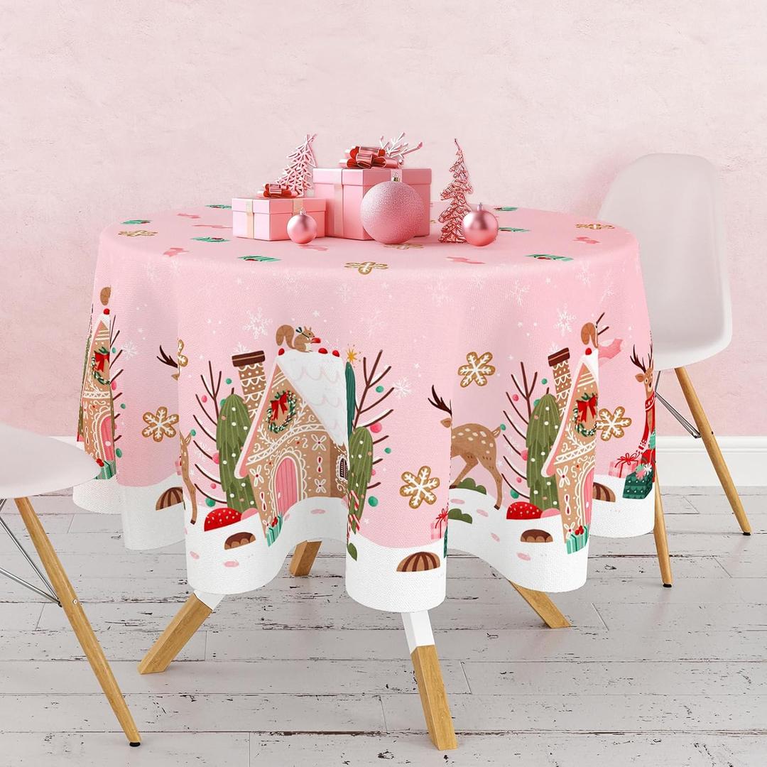 Pink Christmas Tablecloth Gingerbread House Reindeer Table Cloth Round Xmas Table Cover for Christmas Holiday Party, 60 x 60 Inch