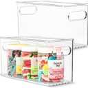 2 pack Clear Plastic Storage Container Bin with Integrated Easy Grip Handles. For Kitchen, Fridge, Freezer, Cabinet, Pantry, Bathroom Organization. 10"x4"x5"