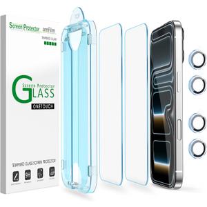 AmFilm OneTouch for iPhone 17 Pro Screen Protector 6.3'' Tempered Glass | Auto-Alignment, 30s Install, Bubble Free, Scratch & Drop Protection, HD Clear, Camera Lens Protector[2+2 Pack] (17P-6.3'')