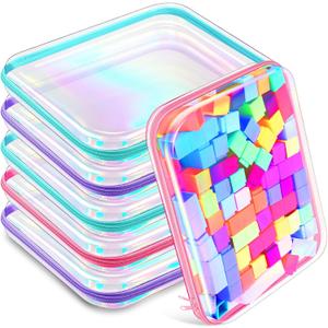 Sanwuta 6 Pcs Clear Hard Zipper Case Hard Plastic Zipper Pouches Makeup Bag Pencil Pouches Transparent Cases for Snacks Plastic Storage Organizer Box for Travel(Holographic,13.78 x 11.81 x 2 Inch)