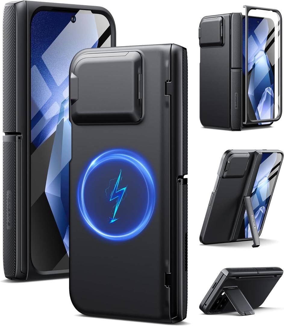 TONGATE Magnetic for Pixel 9 Pro Fold Case Compatible with Magsafe, [with Camera Cover & Hinge Protection & Screen Protector] Shockproof Rugged Stand Case for Google Pixel 9 Pro Fold, Obsidian Black