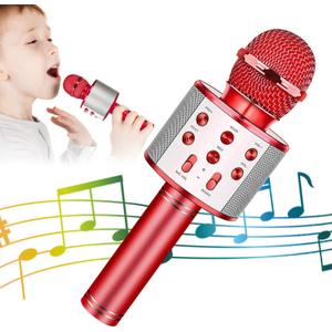 KIDWILL Wireless Bluetooth Karaoke Microphone for Kids, 5-in-1 Portable Handheld Karaoke Mic Speaker Player Recorder with Adjustable Remix FM Radio for Kids Girls Boys Teens Birthday (Red)