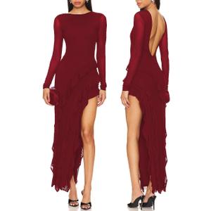 Capuffy Womens Long Sleeves Backless Maxi Dress Mesh Tassel Ruffle Side Split Bodycon Dress Siobhan Evening Party Dress 350 (Small, Wine Red)