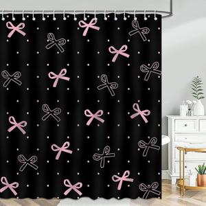 Mocsicka Pink Bow Shower Curtain Pink Bow Polka Dots Bathroom Shower Curtain Cute Aesthetic Waterproof Fabric Shower Curtains Bathtub Decor with 12 Hooks 72 X 72 Inch (Black)