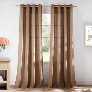 NICETOWN Gold Brown Linen Curtains for Kitchen, Thick Flax Small Window Treatments Semi Sheer Privacy Assured with Light Through for Cafe/Bathroom, W55 x L84, 2 Panels