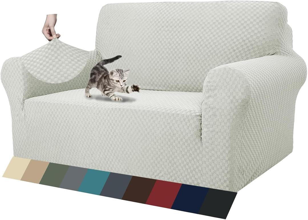 ZNSAYOTX 1 Piece Jacquard Couch Covers for 2 Cushion Couch High Stretch Loveseat Slipcover for Pets Dogs Anti Slip Love Seat Sofa Slipcover Furniture Protector (Medium, Ivory) (Medium (55"-69"))