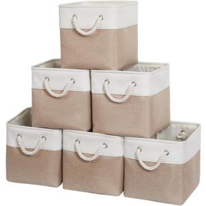 11 x 11 Inch Storage Cubes, 6 Pack Large Collapsible Fabric Storage Bin with Ropes, Foldable Storage Cubes for Home, Office,Closet, Clothes, Toys Organizer (White&Beige)