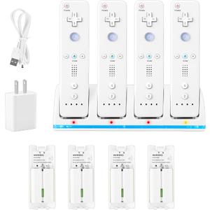 DTianSir 4 in 1 Wii Remote Charger,Charging Station with 4 Pack 2800mAh Rechargeable Battery,Plugs,USB Cable for Wii/Wii U Remote Controller(Not Include Controllers) (White)