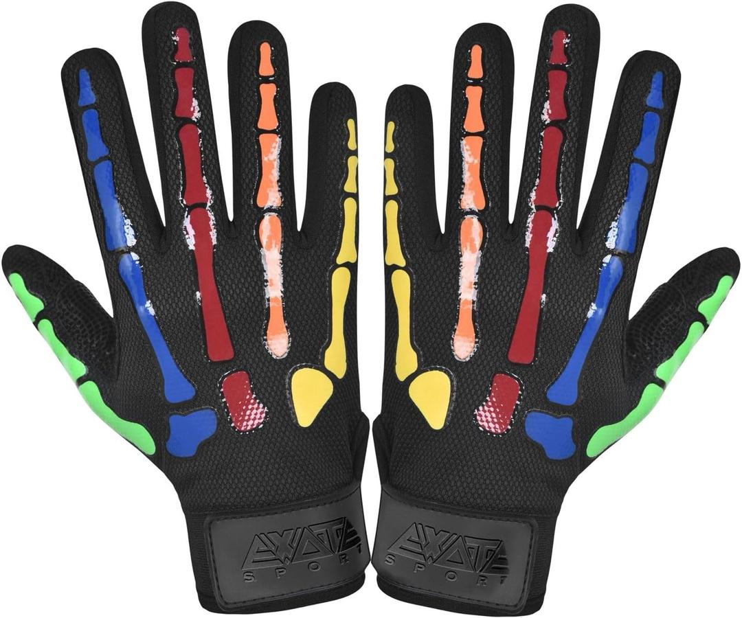Exote Skeleton Baseball and Softball Batting Gloves for Men Women Youth & Adult Sizes -Short Cuff Breathable Leather Baseball Batting Gloves with Extra Grip (Black Colorful), Medium