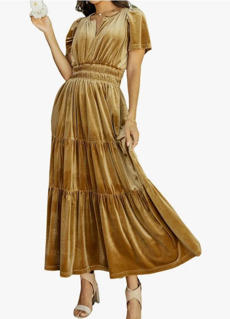 R.Vivimos Women's Fall Winter Vintage Velvet Dress Short Sleeve V Neck Elastic Waist Tiered Ruffle A-Line Flowy Maxi Dress, S