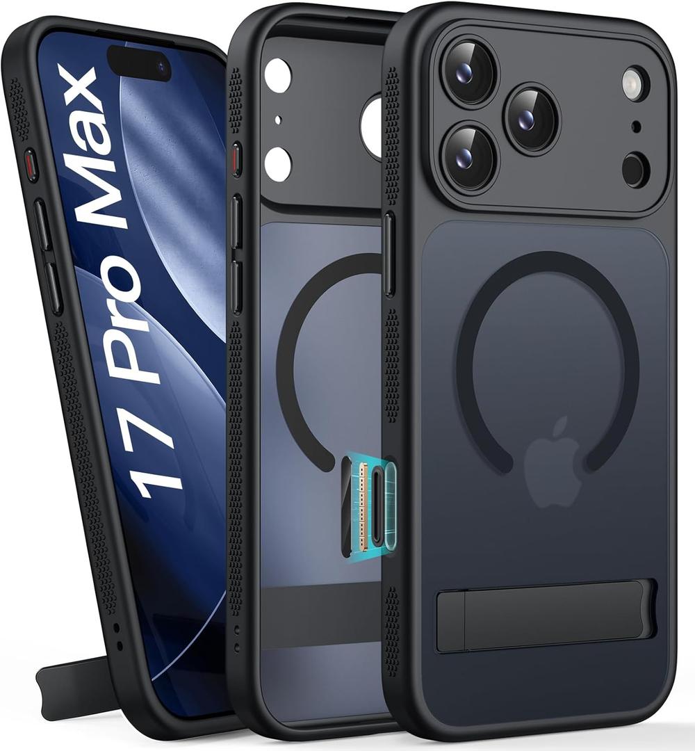 For iPhone 17 Pro Max Case with Stand, Magnetic Compatible with MagSafe, Camera Control Button, Full Lens Protection, Rugged Military Grade Drop, Translucent Matte Slim Case for 17 Promax, Black