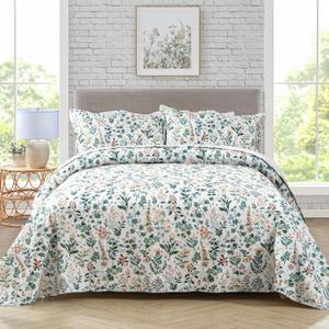 Travan 3-Piece Quilt Set Quilted Bedspread Lightweight Coverlet Set Garden Style Floral Printed Oversized Quilted Bedding Set with Shams for All Season, Exquisite, Queen Size (B-flower)