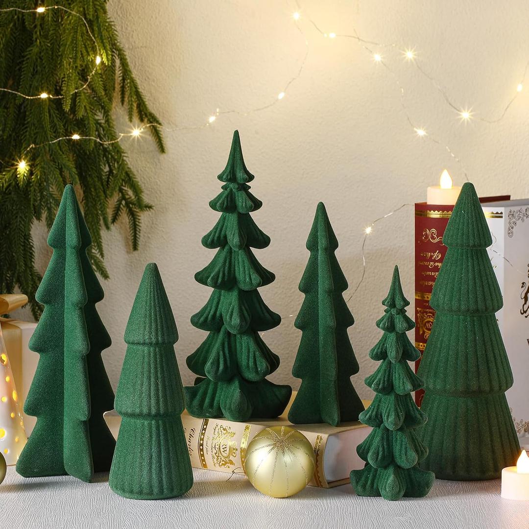 Wesiti 6 Pcs Velvet Ceramic Christmas Trees Figurines 9.84''7.49'' Large Modern Velvet Cones Tabletop Christmas Tree Figurine Green Centerpieces Table for Xmas Holiday Fireplace Farmhouse Decor