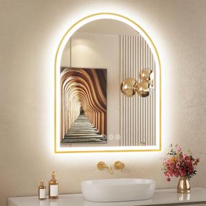 Arched LED Mirror for Bathroom 24"x30", Brushed Gold Lighted Bathroom Mirror with Lights, Fogless, Dimmable, Shatterproof, Touch Sensor, 3 Color Changing