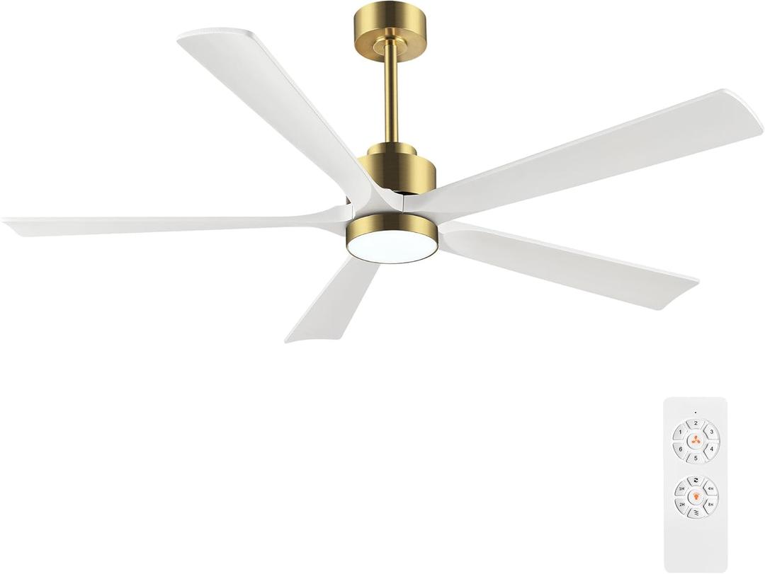 60" Modern Ceiling Fan with Lights and Remote Control, 5 Solid Wood Blades 6-Speed Noiseless Reversible DC Motor, Ceiling Fan for Bedroom Dinning Living Room, Gold Finish with White Blade (60" Ceiling Fan with Light, Gold+White)