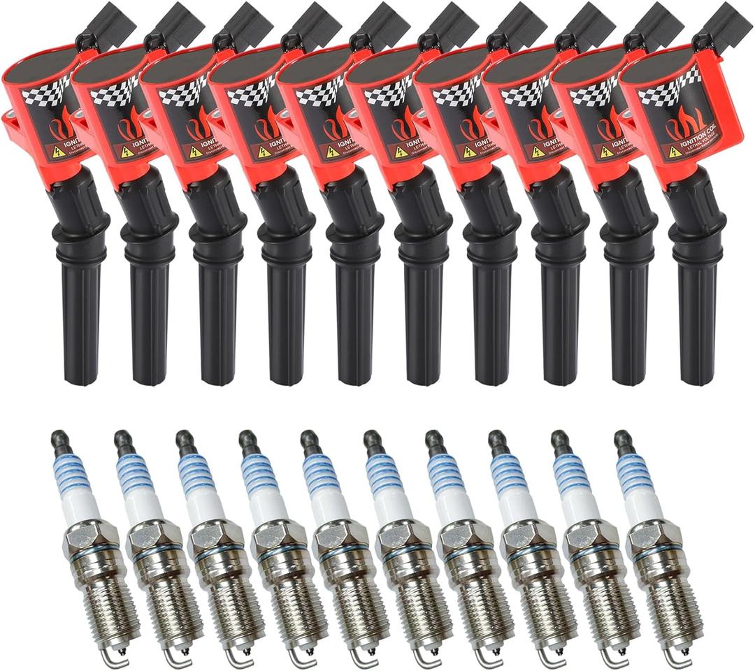 CarBole Ignition Coils Pack DG508 & Iridium Spark Plug SP479, Compatible with Ford E350 E450 Econoline Super Duty F350 F450, Replacement for FD503 DG457 F523 E213 E262 E409 (Set of 10)