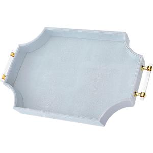 22.6''  13'' Coffee Table Tray Shagreen Decorative Tray for Ottoman Home Decor Serving Tray with Acrylic Gold Handles Modern Elegant Scalloped Large Ottoman Tray (Ice Blue)