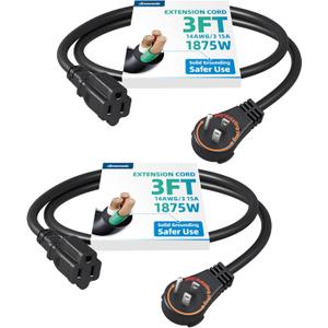DEWENWILS 360 Rotating Flat Plug Extension Cord 3 Foot, 14/3 Gauge 3 Prong Grounded Wire, 15A/1875W Heavy Duty Power Cord, Space Saving for Indoor Narrow Space, ETL Certified, 2 Pack, Black