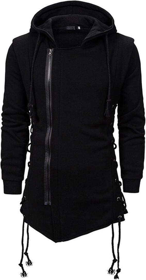 Men Assassin Robe Hoodies Sweatshirts Gothic Asymmetrical Zipper Side Lace Up Fleece Hooded Jacket (Medium, Black)