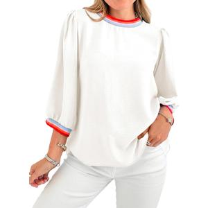 Tankaneo Womens 3/4 Sleeve Puff Tops Casual Loose Fit Patchwork Blouse Crew Neck T Shirts Tunic (White, L)