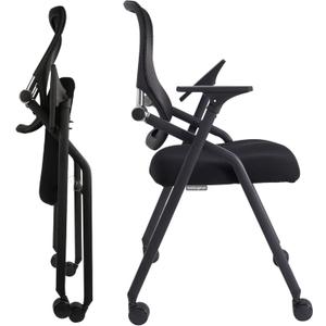 Updated Conference Room Chairs, Folding Office Desk Chair with Lumbar Support and Sliding Armrest with Casters, Stackable Office Guest Chairs & Reception Chairs, 1 Pack Black